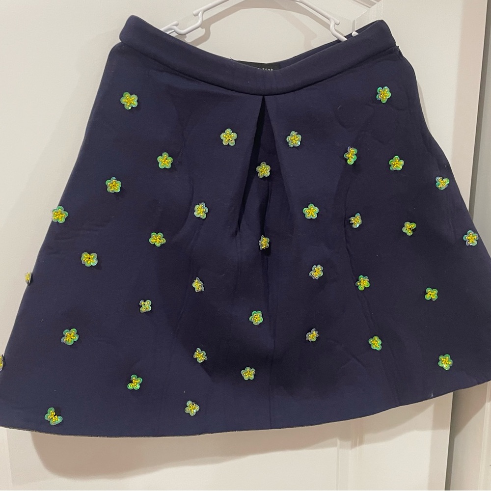 Endless Rose Navy A-Line Skirt with Green & Yellow Floral Appliqués
